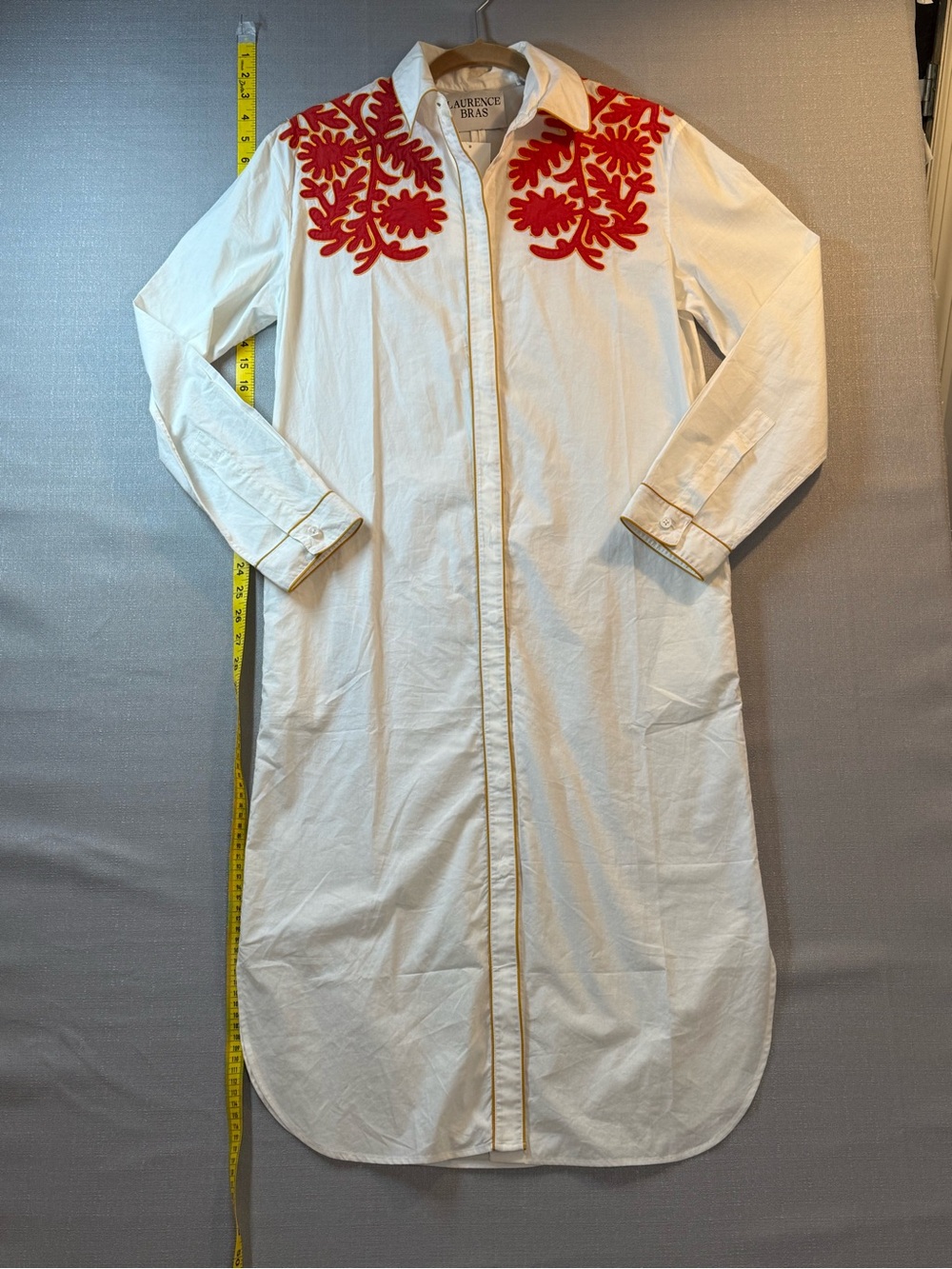 Laurence Bras White Midi Shirt Dress with Red Embroidery